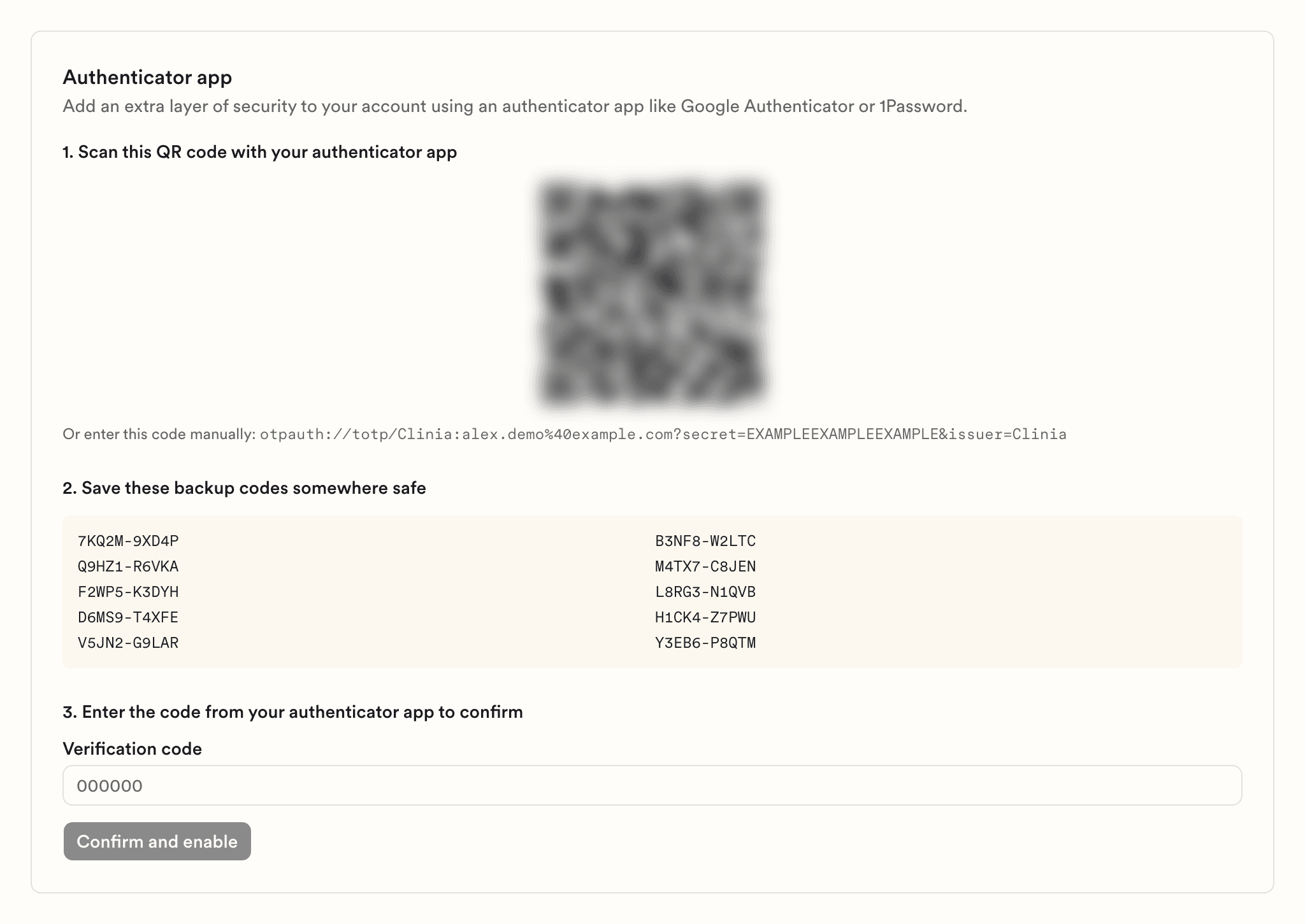 The authenticator app setup, in three numbered steps.
