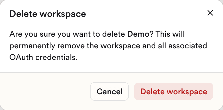 The Delete workspace dialog, which names the workspace before you confirm.