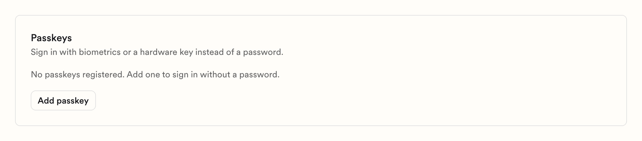 The Passkeys section of the Security page, with the Add passkey button.