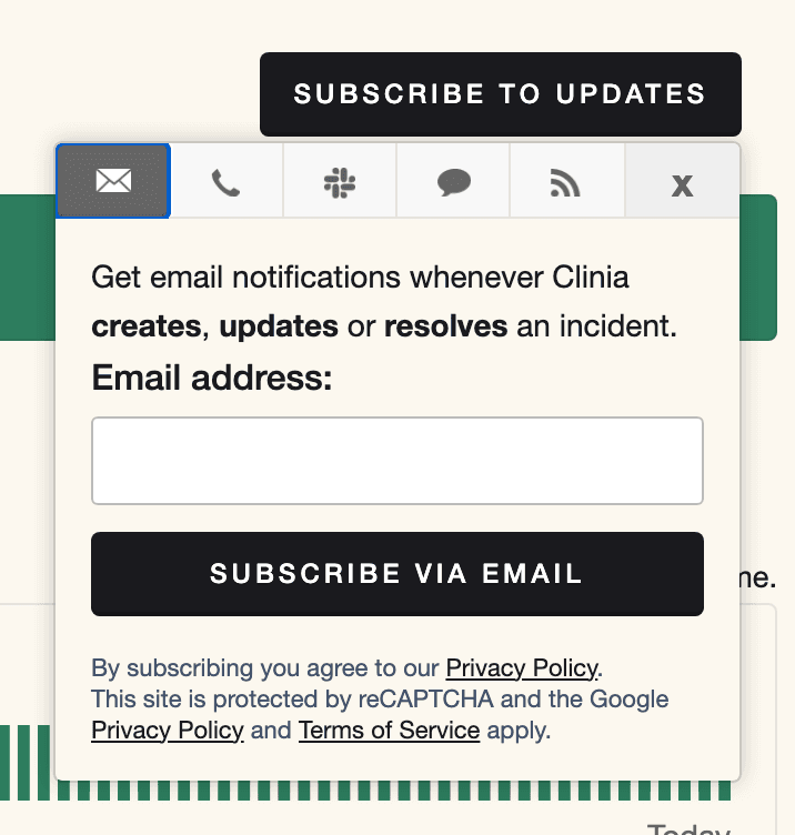 The status page's subscribe panel, open on the email tab.