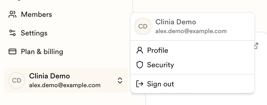 The user menu at the bottom left of the sidebar. It lists Profile and Security.