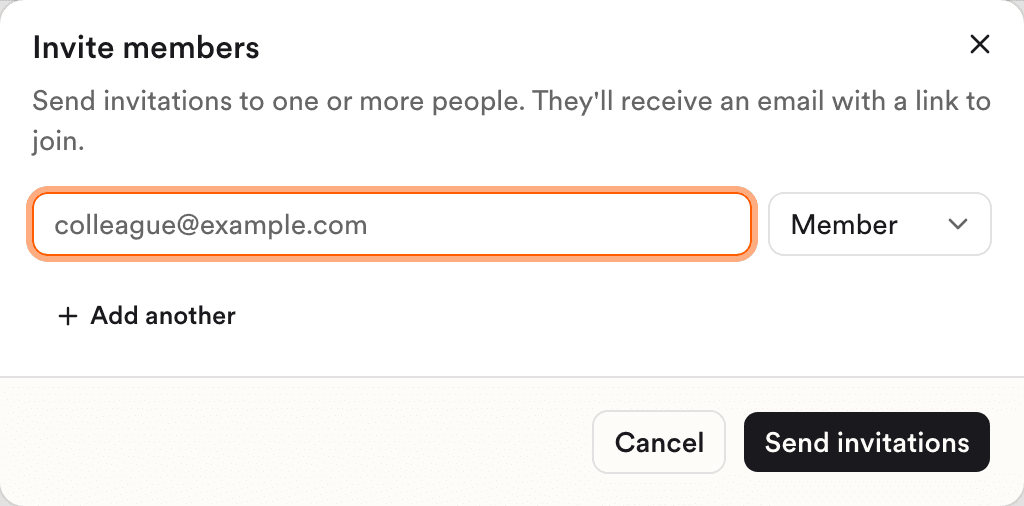 The Invite members dialog, with an email field, a role selector, and the Send invitations button.