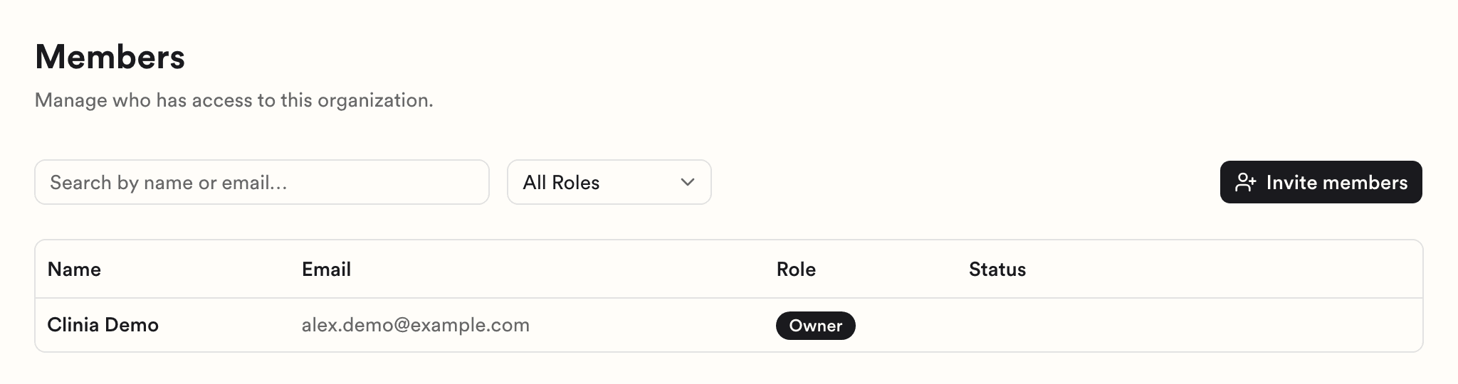 The Members page, with each member's role in the Role column.